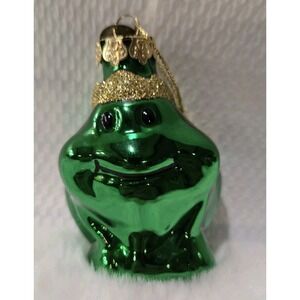 Vtg Thomas Pacconi Classics Mercury Green Frog Gold Crown Blown Glass Ornament